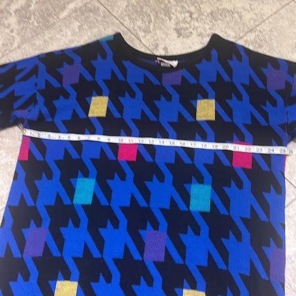 Vintage 80s Plus Size Houndstooth Geometric Funky Acrylic Dress Blue Yellow Pink - Picture 8 of 10